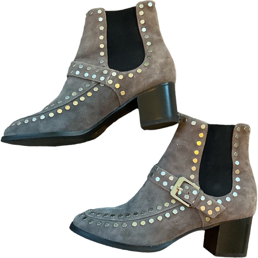 EUC $320 Lola Cruz Anthropologie Gray Suede Studded Chelsea Boots Size 37 or 6.5